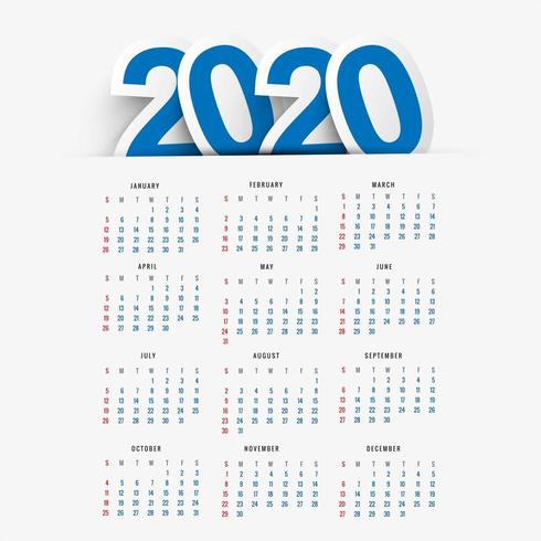 Calendario para el vector de fondo de año nuevo 2020