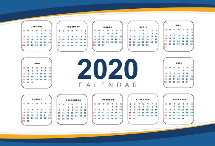 Hermosa ola 2020 plantilla de diseño de calendario de año nuevo vector