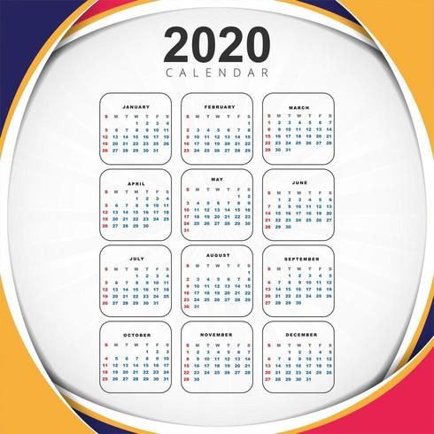 Hermosa ola 2020 plantilla de diseño de calendario de año nuevo vector