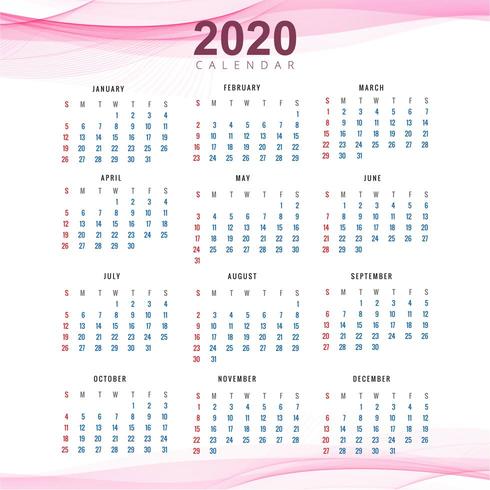 Clean 2020 calendar template beautiful wave design vector