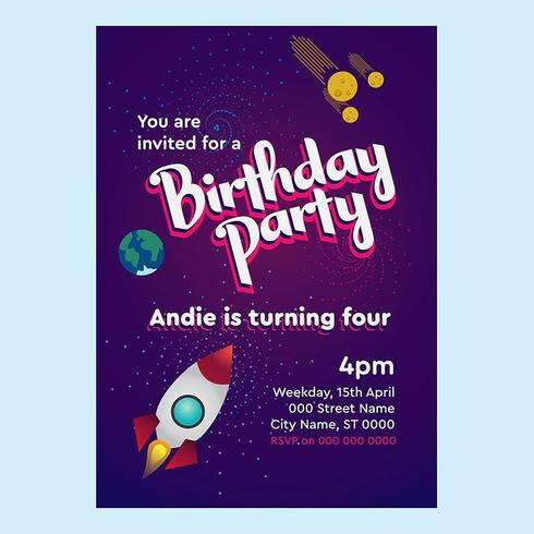 Rocket and Space Theme Birthday Invitation For Kids vector