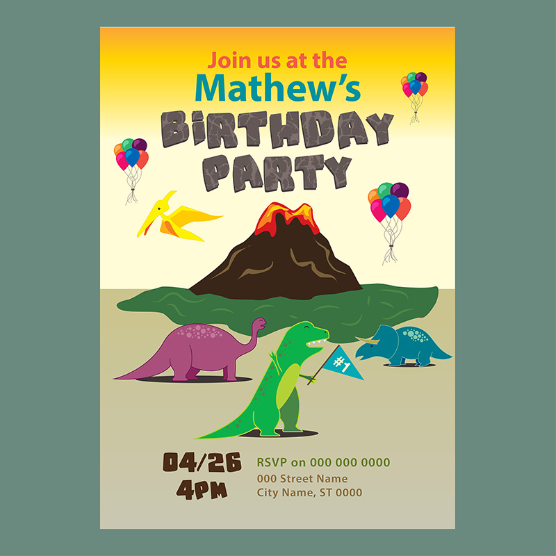 plantilla de vector de invitación de fiesta de cumpleaños de dinosaurio.  Afiche de celebración de cumpleaños