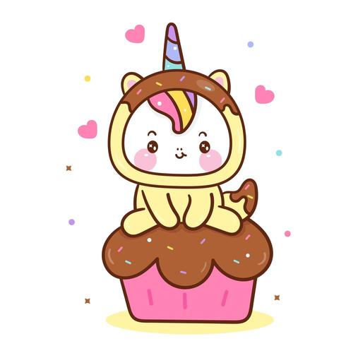 Vector de unicornio kawaii en magdalena dulce muffin