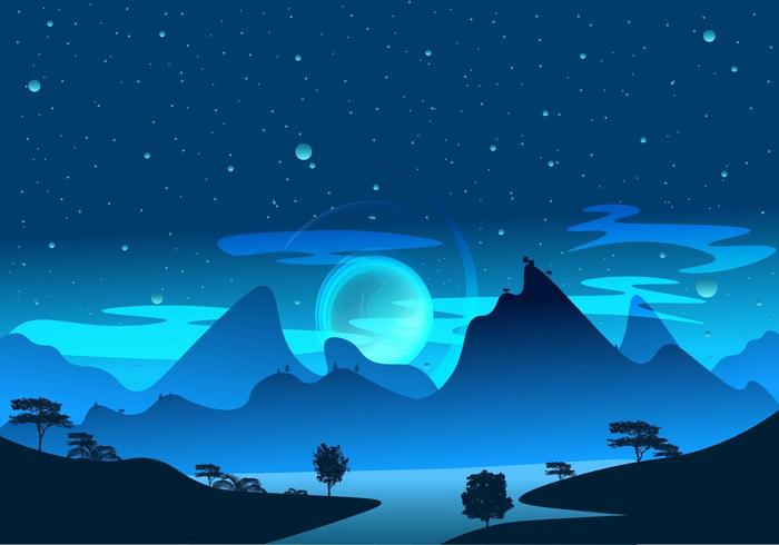 Fantasy sunrise and starry sky full of fog, mist and shadows vector