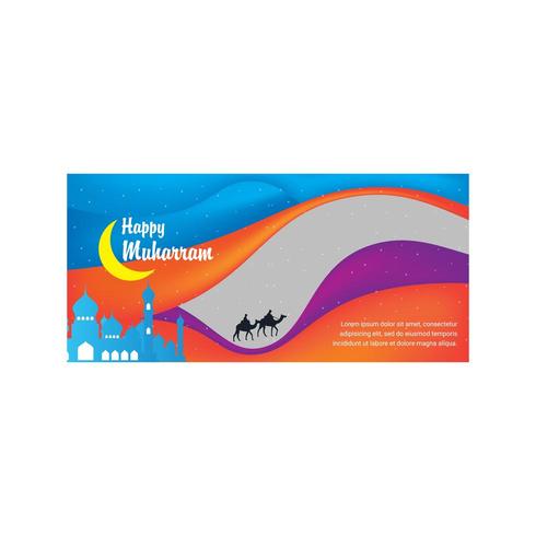 Happy Muharram Colorful Design with Buildings and Men Riding Camels vector