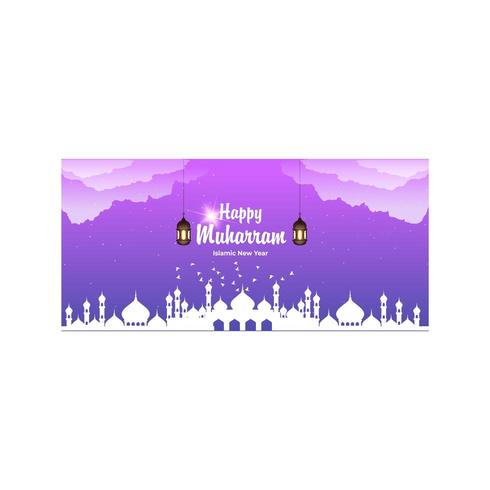 Islamic New Year Happy Muharram design with Buildings and Purple Sky vector