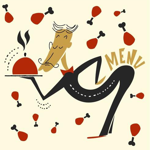 A mid-century style waiter presents tray with food vector