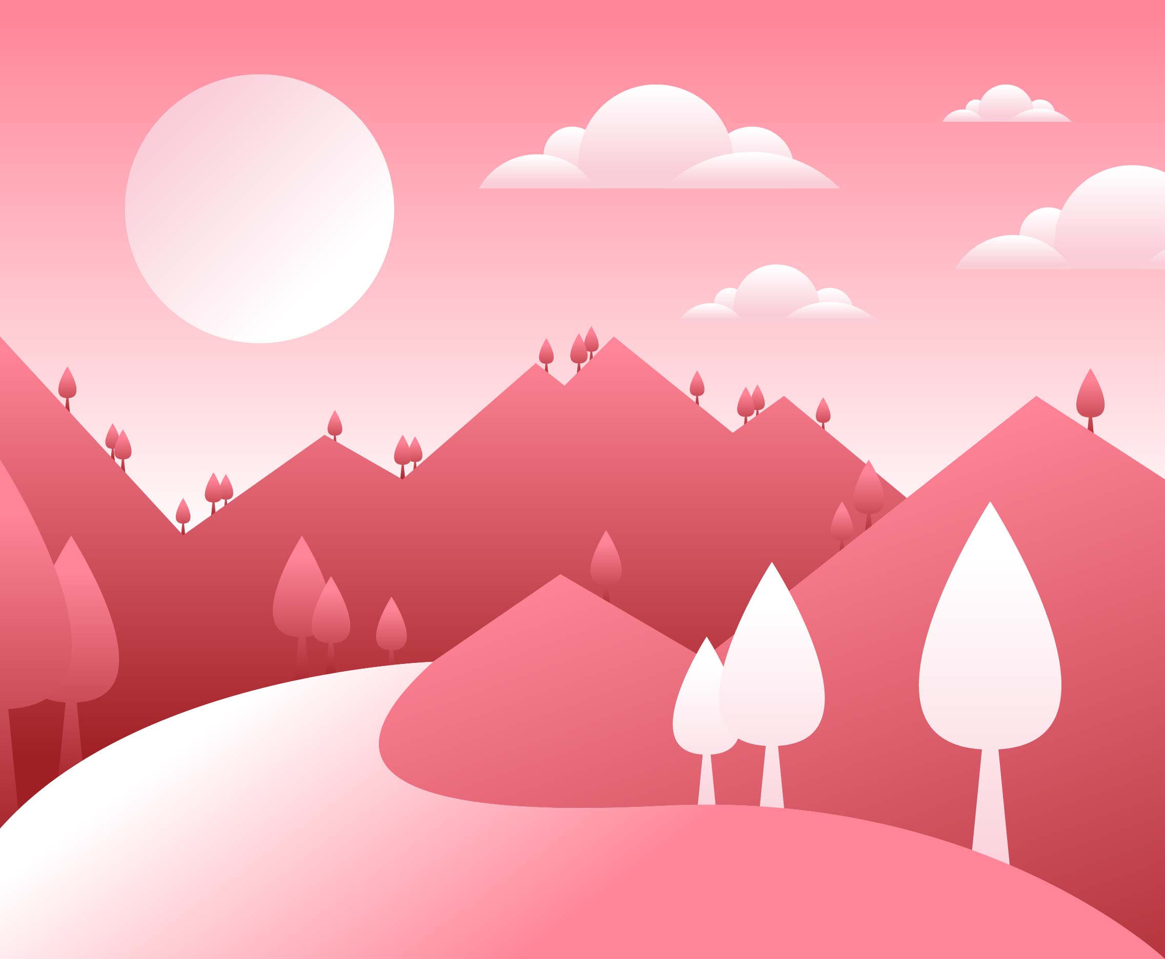 Minimalist Pink Cartoon Style Mountain Landscape - Download Free