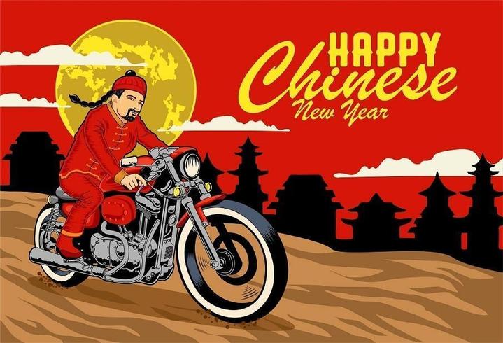 Tarjeta de felicitación de año nuevo chino con hombre en ropas tradicionales en motocicleta vector