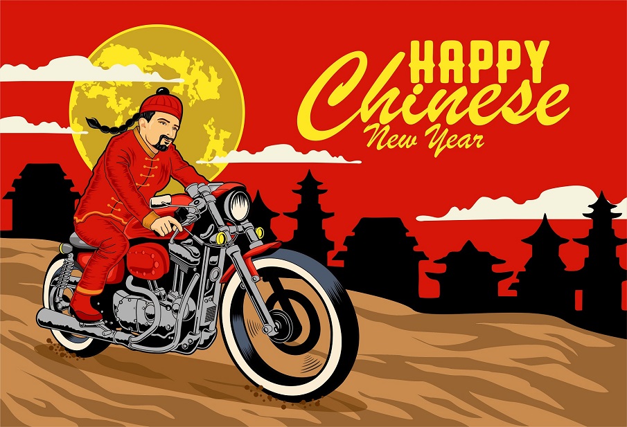 Chinese new year greeting card with Man in traditional clothes riding