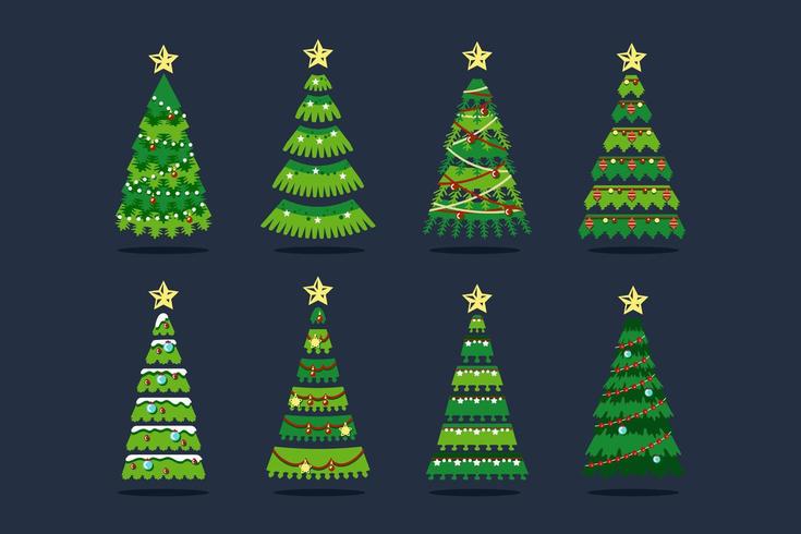 Árbol de Navidad en diferentes estilos con copos de nieve, bombillas y cintas. vector