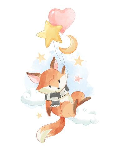 fox holding balloons in the sky vector
