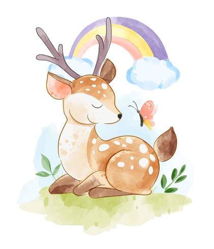 deer sitting with butterfly and rainbow vector