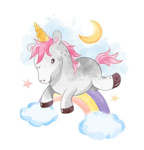 unicornio salta sobre arcoiris vector