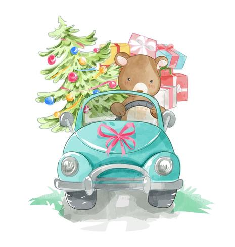 bear driving a car with present boxes vector