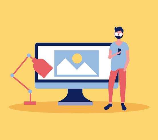 designer man in front of computer and lamp vector