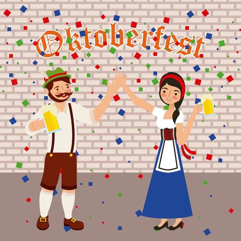 oktoberfest celebration confetti couple holding hands and beers vector