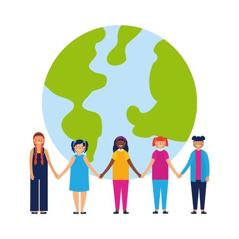 kids holding hands in front of earth vector