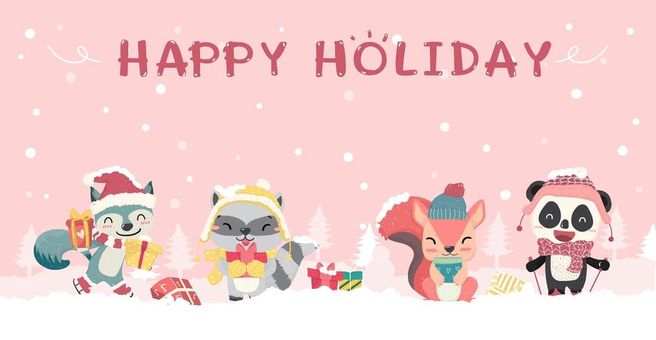 Happy cute wild animals in winter Christmas costume vector