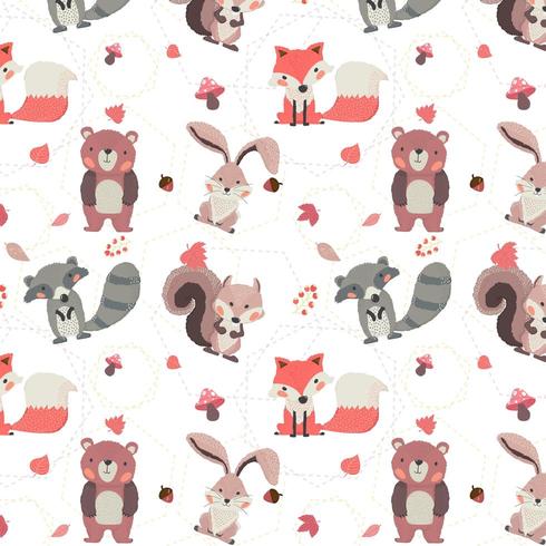 woodland animals autumn season fox, raccoon, squirrel, rabbit and bear seamless pattern vector