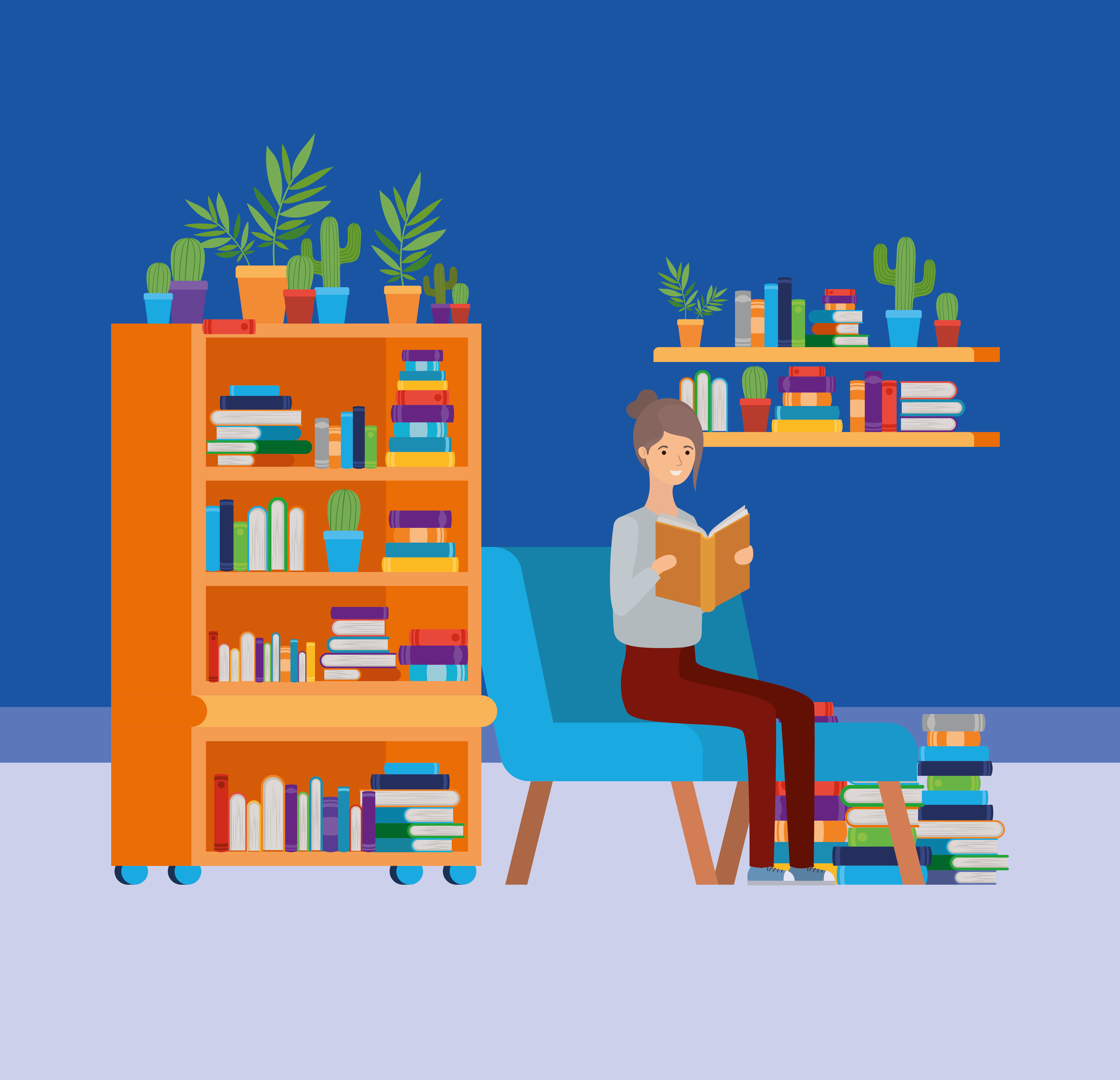 Home study room with woman reading book 687443 Vector Art at Vecteezy