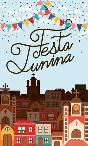 festa junina with village scene and garlands vector