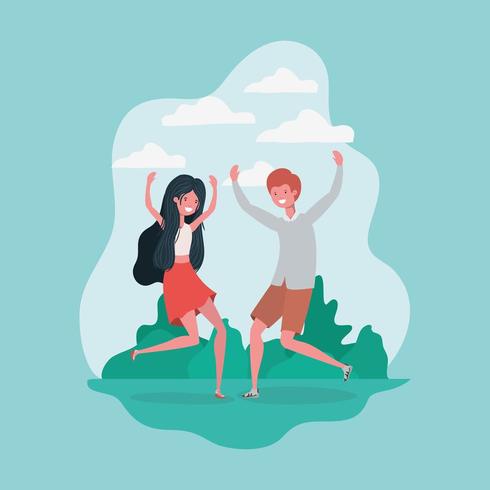 young couple jumping celebrating in the park characters vector