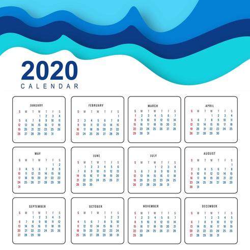 Resumen calendario 2020 en diseño de onda vector