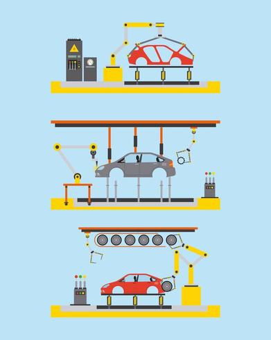 planta de producción de automóviles proceso paso robot automático funciona vector