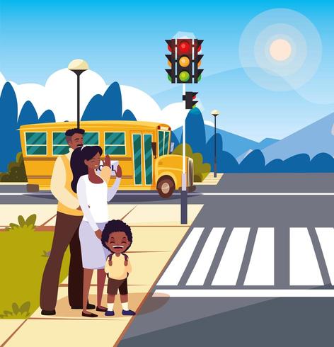 padres con niño esperando el autobús escolar vector