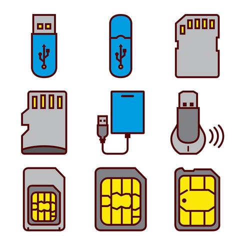 Flash Drives and Smartphone Sim Cards Icon Set vector