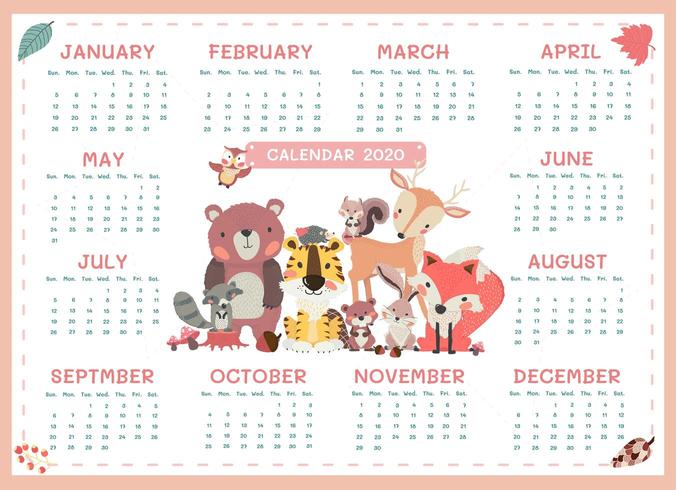 Calendario 2020 tamaño a3 lindo bosque animal minimalismo anual vector