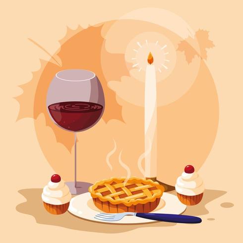 pie with cup wine for thanksgiving day vector