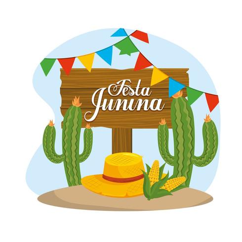 emblema de madera con planta de cactus y sombrero para festival vector