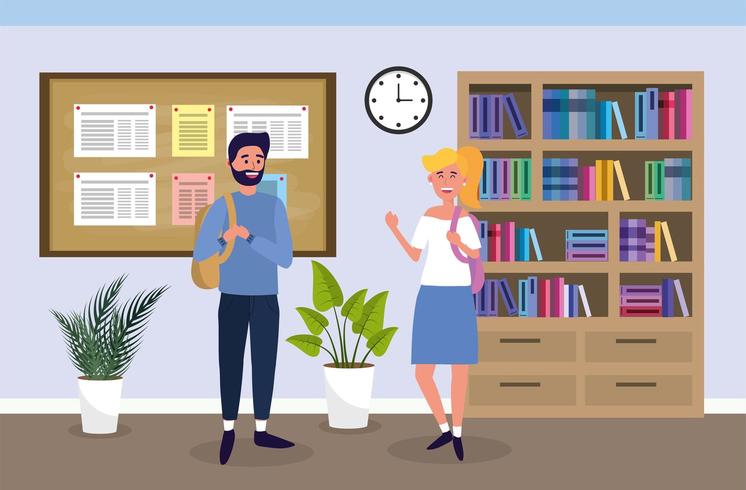 university boy and girl with backpack in the classroom vector