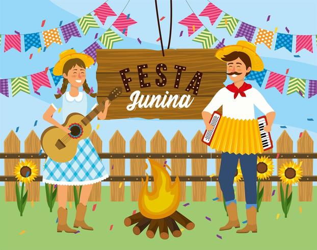 woman and man with guitar and accordion to festival vector