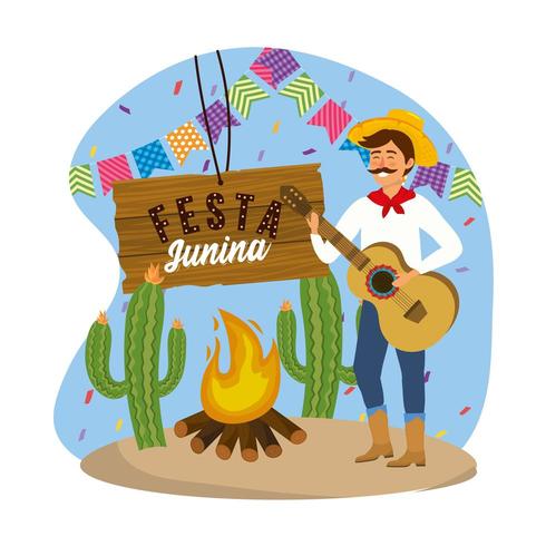 Hombre con sombrero con guitarra y banner de fiesta vector