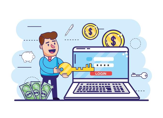 man with key and laptop with digital bank 687720 Vector Art at Vecteezy