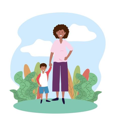 cute woman mother with her son and plants vector