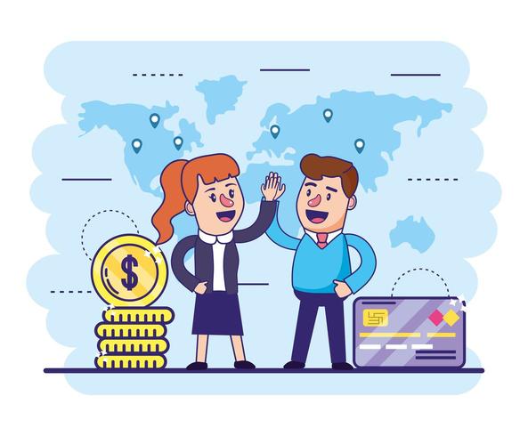 woman and man with credit card and coins vector