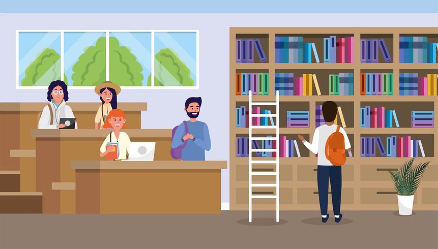 students in the university library with education books vector