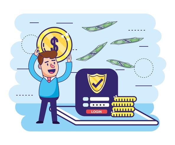 man with coin and shield security digital password vector