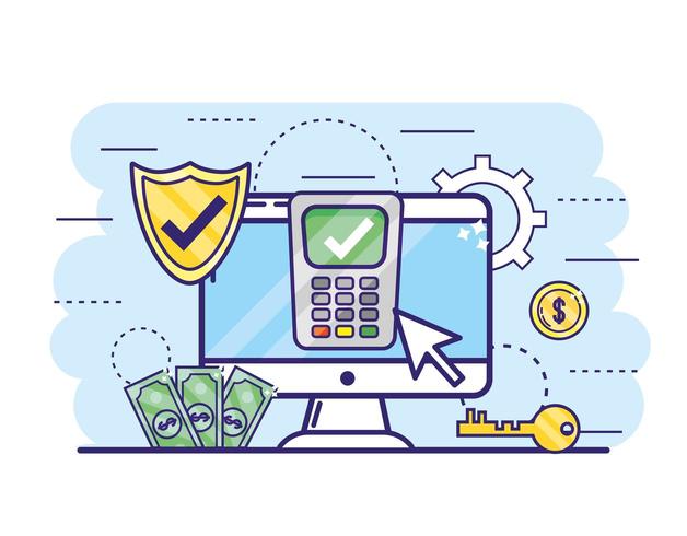 computer with dataphone and shield security information vector