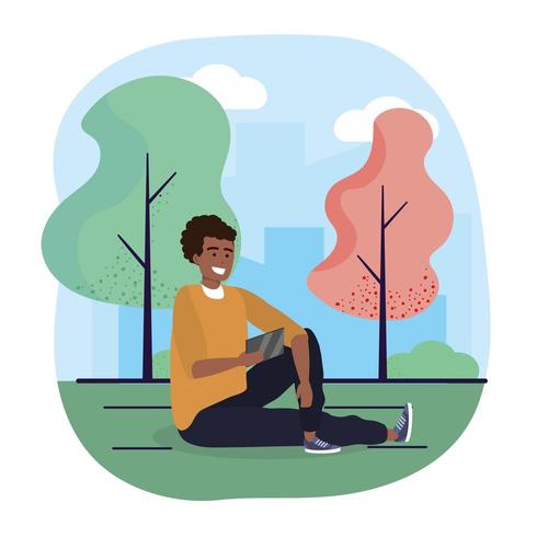 fun man seating with smartphone and trees vector