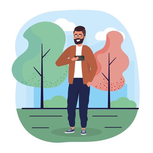 Hombre divertido con smartphone con ropa casual vector