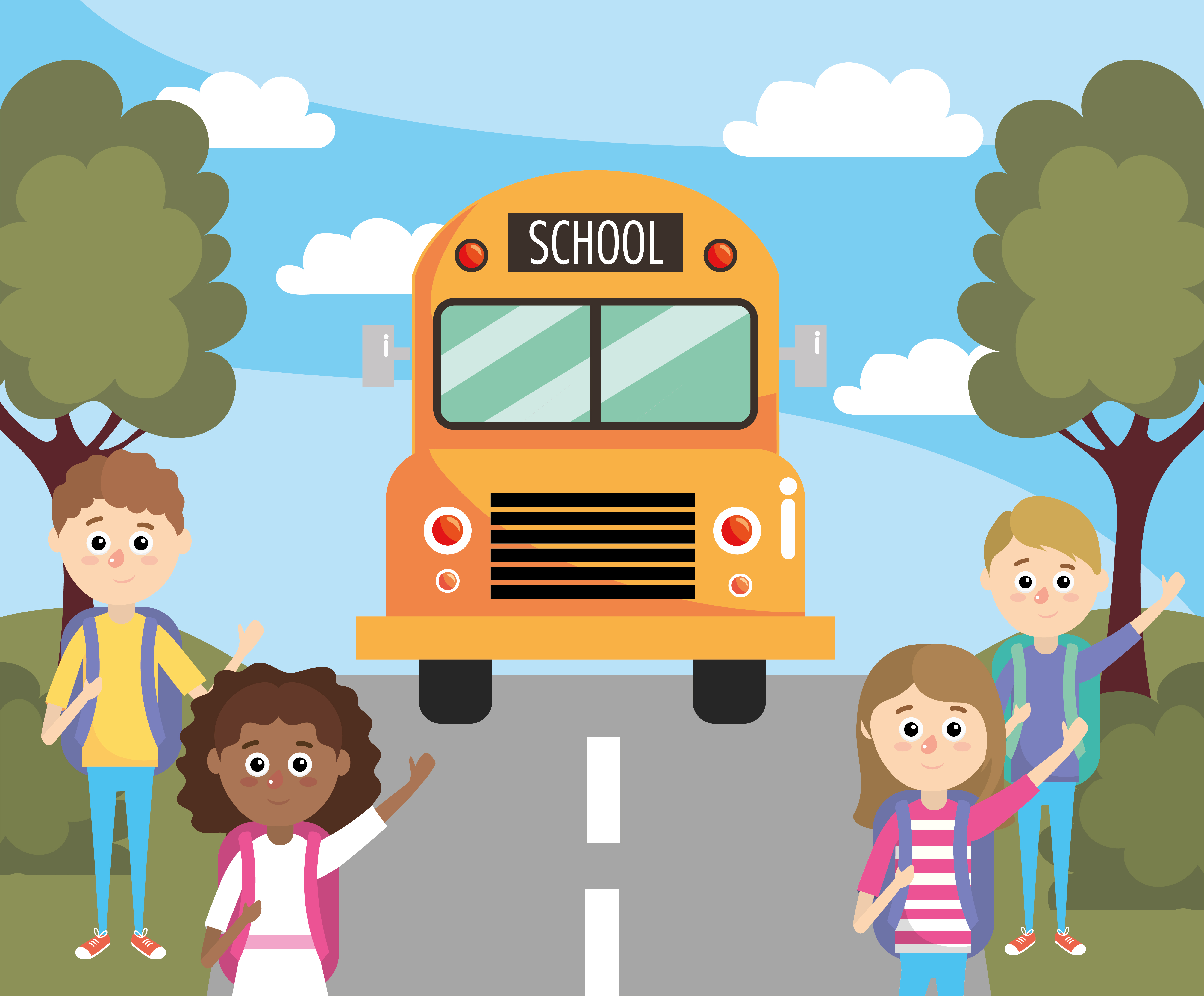 She take the bus to school. Школьники ждут автобус. рисунок как ребнки ждут автобус. the bus trip picture for kids. boy and girl on bus.