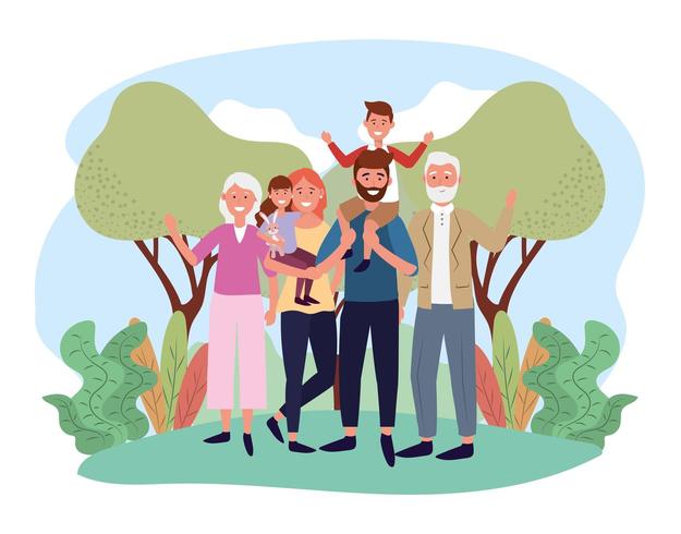 cute man and woman with their kids and parents vector