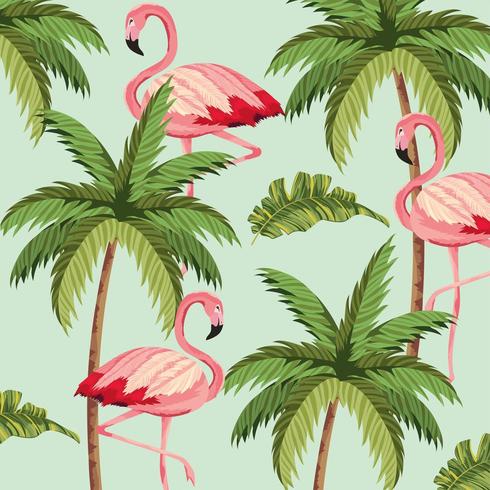 exotic flamingos with palm tree background vector