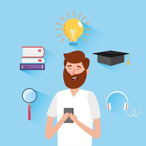 hombre con libros educativos y tecnología de teléfonos inteligentes vector