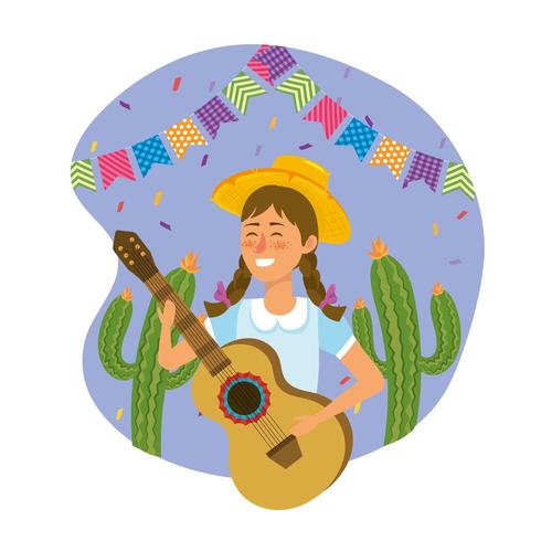 mujer con sombrero con guitarra y plantas de cactus vector